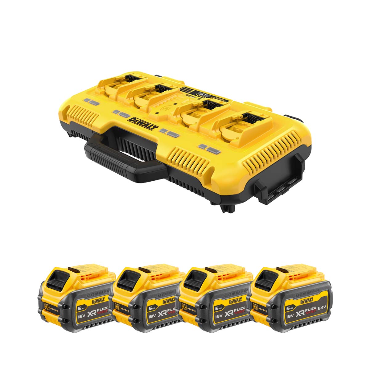 DeWalt DCB104T4-QW štirikratni hitri polnilnik z 4x 6Ah FLEXVOLT baterijami DeWalt DCB104T4-QW štirikratni hitri polnilnik z 4x 6Ah FLEXVOLT baterijami