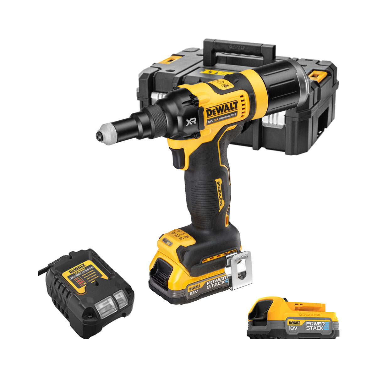 DeWalt DCF403E2T-QW 18V Akku-Nietpistole 2,4-4,8mm mit 2x 1.7 Ah POWERSTACK Akkus, Ladegerät und Koffer DeWalt DCF403E2T-QW 18V Akku-Nietpistole 2,4-4,8mm mit 2x 1.7 Ah POWERSTACK Akkus, Ladegerät und Koffer