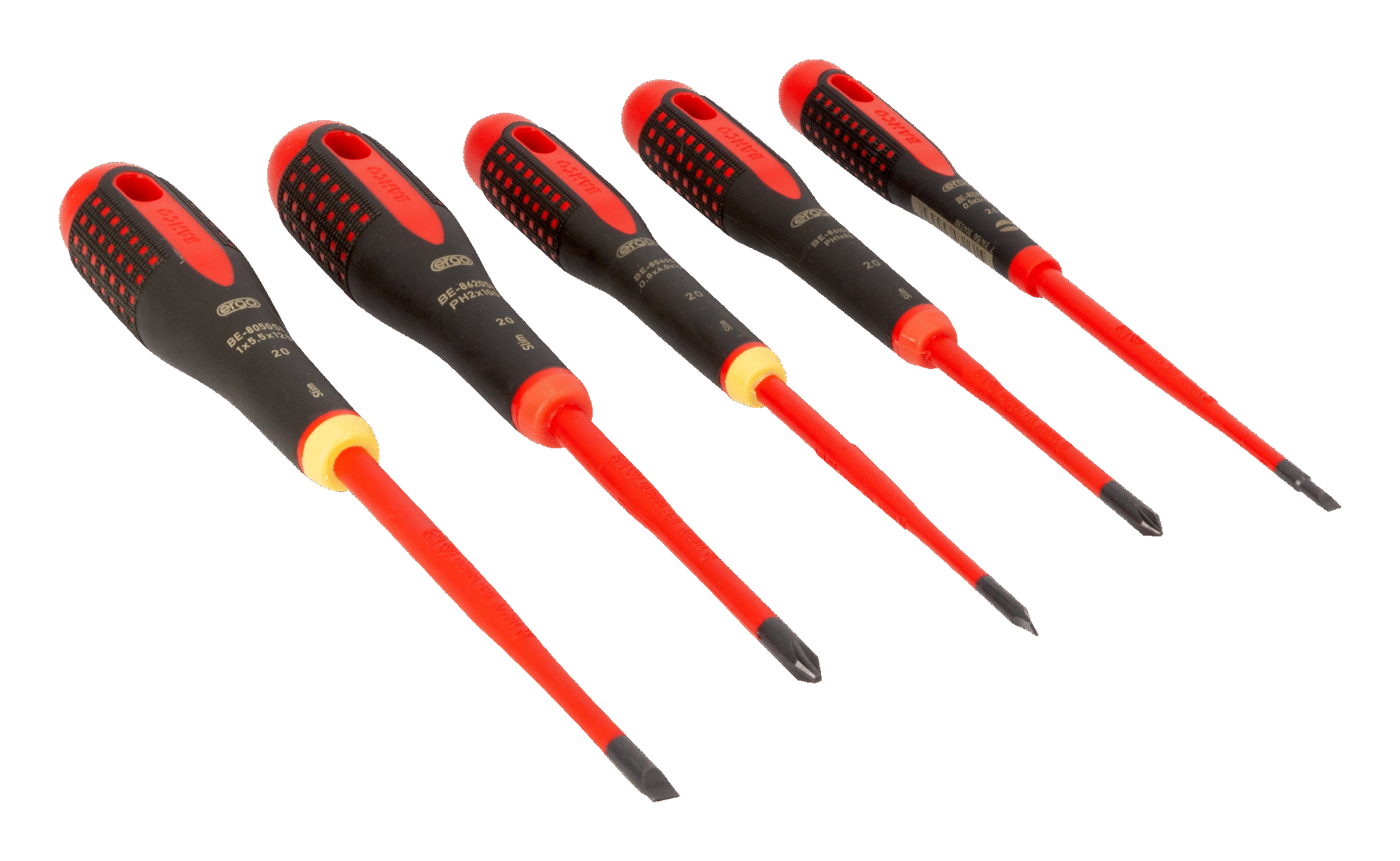 Bahco ERGO VDE Set izoliranih izvijačev, 5-delni (3 ploščati, 2 križna) Bahco ERGO VDE Set izoliranih izvijačev, 5-delni (3 ploščati, 2 križna)