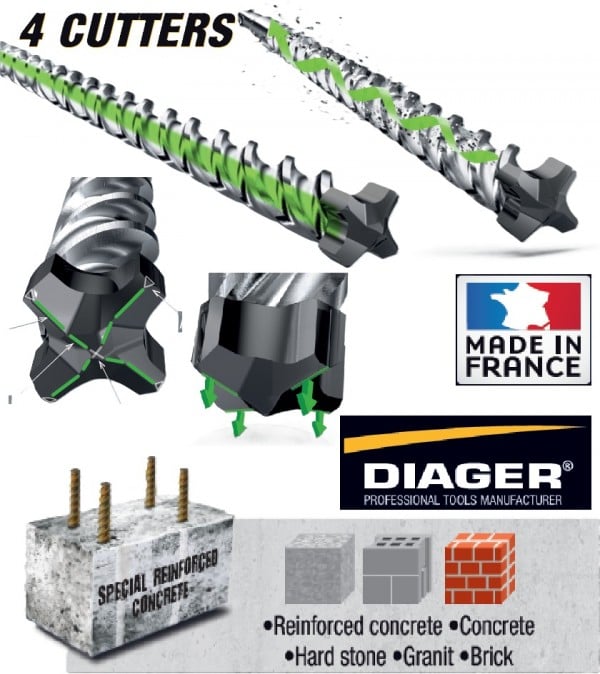 DIAGER SDS-plus sveder 4G4, 12x210 mm DIAGER SDS-plus sveder 4G4, 12x210 mm