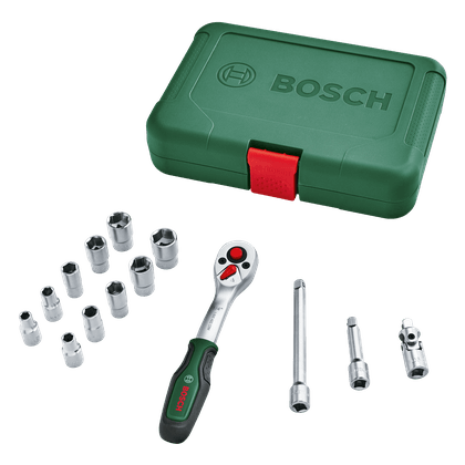 Zeleni Bosch Set natičnih ključev z ragljo 1/4", 14-delni Zeleni Bosch Set natičnih ključev z ragljo 1/4", 14-delni