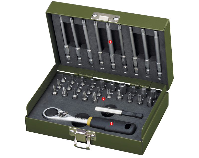 Proxxon Set nasadnih ključev 1/4'' (36 kosov) z mikro ragljo Proxxon Set nasadnih ključev 1/4'' (36 kosov) z mikro ragljo